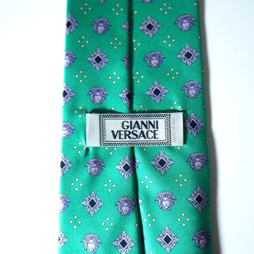 Gianni Versace Vintage Neck Tie Green Aqua Medallion Logo Pattern